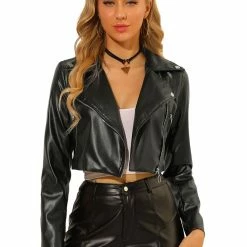 Allegra K Women's Faux Leather Long Sleeve PU Zipper Cropped Biker Jacket