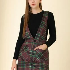 Allegra K Women's Button Front V Neck Mini Plaid Tweed Bib Overall Pinafore Dress 13 Allegra K Women's Button Front V Neck Mini Plaid Tweed Bib Overall Pinafore Dress