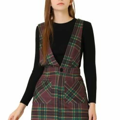 Allegra K Women's Button Front V Neck Mini Plaid Tweed Bib Overall Pinafore Dress