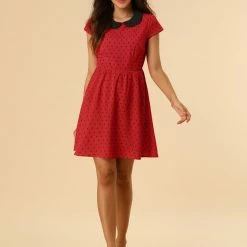 Allegra K Peter Pan Collar Contrast Polka Dot Dress Women