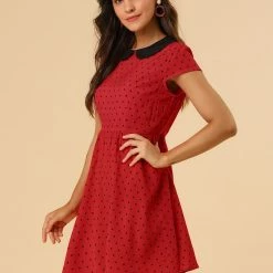 Allegra K Peter Pan Collar Contrast Polka Dot Dress Women