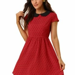 Allegra K Peter Pan Collar Contrast Polka Dot Dress Women