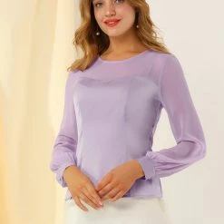 Allegra K Women's Elegant Round Neck Lantern Sleeve Chiffon Satin Blouse