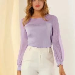 Allegra K Women's Elegant Round Neck Lantern Sleeve Chiffon Satin Blouse