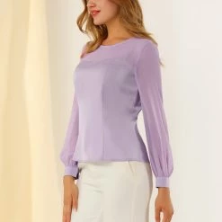 Allegra K Women's Elegant Round Neck Lantern Sleeve Chiffon Satin Blouse