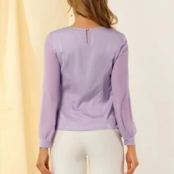 Allegra K Women's Elegant Round Neck Lantern Sleeve Chiffon Satin Blouse