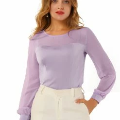 Allegra K Women's Elegant Round Neck Lantern Sleeve Chiffon Satin Blouse