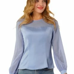Allegra K Women's Elegant Round Neck Lantern Sleeve Chiffon Satin Blouse