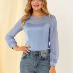 Allegra K Women's Elegant Round Neck Lantern Sleeve Chiffon Satin Blouse