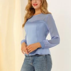 Allegra K Women's Elegant Round Neck Lantern Sleeve Chiffon Satin Blouse