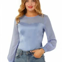 Allegra K Women's Elegant Round Neck Lantern Sleeve Chiffon Satin Blouse