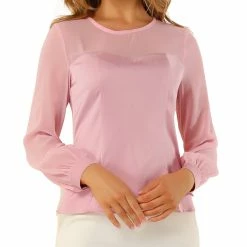 Allegra K Women's Elegant Round Neck Lantern Sleeve Chiffon Satin Blouse