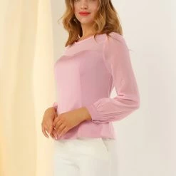 Allegra K Women's Elegant Round Neck Lantern Sleeve Chiffon Satin Blouse