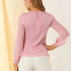 Allegra K Women's Elegant Round Neck Lantern Sleeve Chiffon Satin Blouse