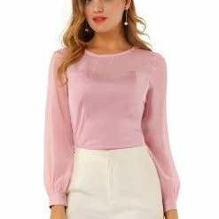 Allegra K Women's Elegant Round Neck Lantern Sleeve Chiffon Satin Blouse