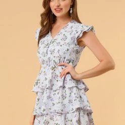 Allegra K Women's V Neck Layered Cap Sleeve Ruffle Valentine's Day Floral Mini Dress