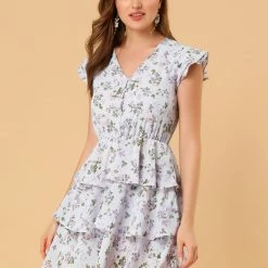 Allegra K Women's V Neck Layered Cap Sleeve Ruffle Valentine's Day Floral Mini Dress