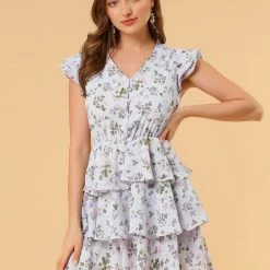 Allegra K Women's V Neck Layered Cap Sleeve Ruffle Valentine's Day Floral Mini Dress