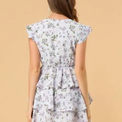 Allegra K Women's V Neck Layered Cap Sleeve Ruffle Valentine's Day Floral Mini Dress