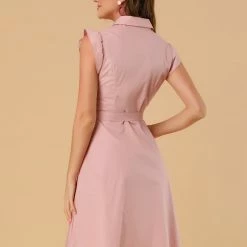 Allegra K Women's Cotton Shirtdress Work Office Ruffled Sleeveless Dress With Belt