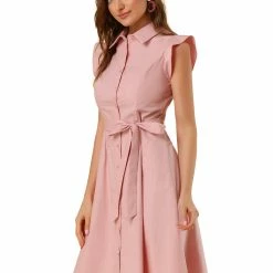 Allegra K Women's Cotton Shirtdress Work Office Ruffled Sleeveless Dress With Belt