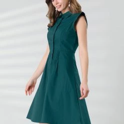 Allegra K Women's Cotton Shirtdress Work Office Ruffled Sleeveless Dress With Belt