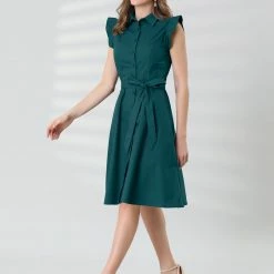 Allegra K Women's Cotton Shirtdress Work Office Ruffled Sleeveless Dress With Belt