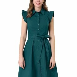 Allegra K Women's Cotton Shirtdress Work Office Ruffled Sleeveless Dress With Belt