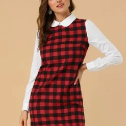 Allegra K Women's Contrast Peter Pan Collar Long Sleeve Check Shift Dress