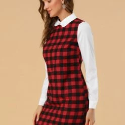Allegra K Women's Contrast Peter Pan Collar Long Sleeve Check Shift Dress