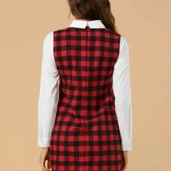 Allegra K Women's Contrast Peter Pan Collar Long Sleeve Check Shift Dress