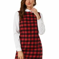 Allegra K Women's Contrast Peter Pan Collar Long Sleeve Check Shift Dress