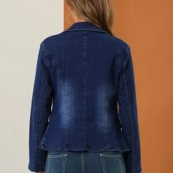 Allegra K Women's Notched Lapel Button Up Long Sleeve Washed Denim Jacket