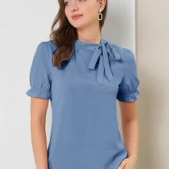 Allegra K Women's Bow Tie Neck Tops Elegant Office Short Sleeve Blouse