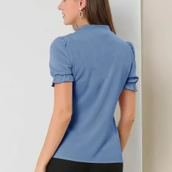 Allegra K Women's Bow Tie Neck Tops Elegant Office Short Sleeve Blouse