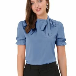 Allegra K Women's Bow Tie Neck Tops Elegant Office Short Sleeve Blouse
