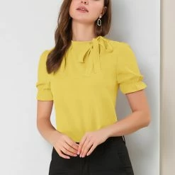 Allegra K Women's Bow Tie Neck Tops Elegant Office Short Sleeve Blouse