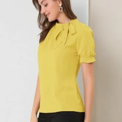 Allegra K Women's Bow Tie Neck Tops Elegant Office Short Sleeve Blouse