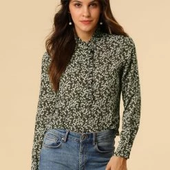 Allegra K Women's Floral Button Up Ruffle Stand Collar Long Sleeve Shirt 69 Allegra K Women's Floral Button Up Ruffle Stand Collar Long Sleeve Shirt