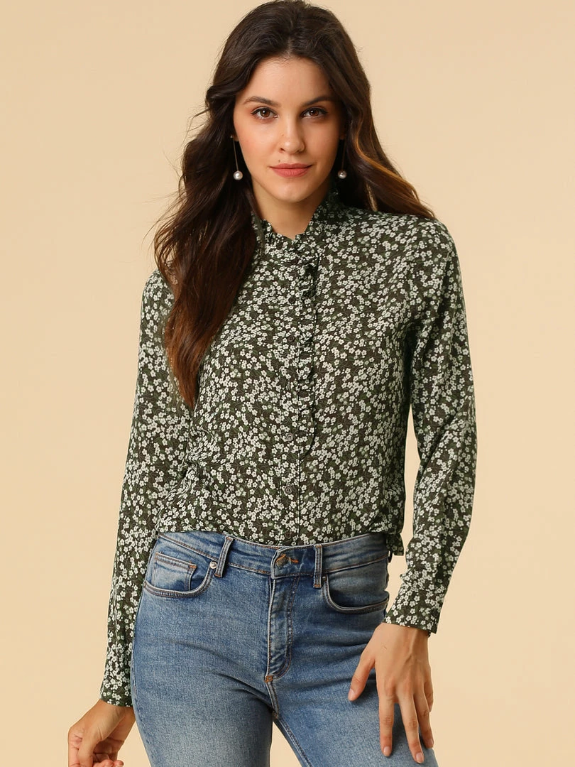 Allegra K Women's Floral Button Up Ruffle Stand Collar Long Sleeve Shirt 34 Allegra K Women's Floral Button Up Ruffle Stand Collar Long Sleeve Shirt