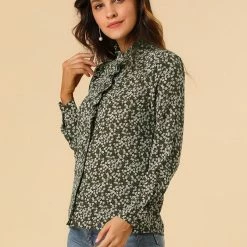 Allegra K Women's Floral Button Up Ruffle Stand Collar Long Sleeve Shirt 71 Allegra K Women's Floral Button Up Ruffle Stand Collar Long Sleeve Shirt