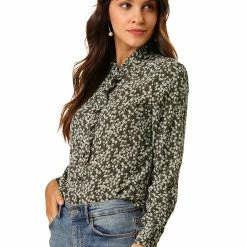 Allegra K Women's Floral Button Up Ruffle Stand Collar Long Sleeve Shirt 68 Allegra K Women's Floral Button Up Ruffle Stand Collar Long Sleeve Shirt