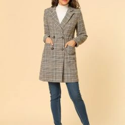 Allegra K Double Breasted Longline Plaid Blazer Jacket Women