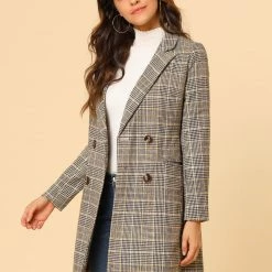 Allegra K Double Breasted Longline Plaid Blazer Jacket Women