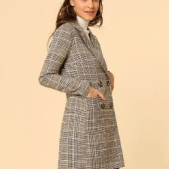 Allegra K Double Breasted Longline Plaid Blazer Jacket Women