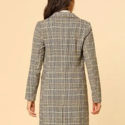 Allegra K Double Breasted Longline Plaid Blazer Jacket Women