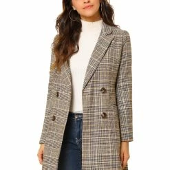 Allegra K Double Breasted Longline Plaid Blazer Jacket Women