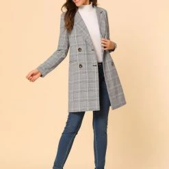 Allegra K Double Breasted Longline Plaid Blazer Jacket Women