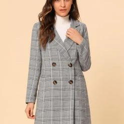Allegra K Double Breasted Longline Plaid Blazer Jacket Women