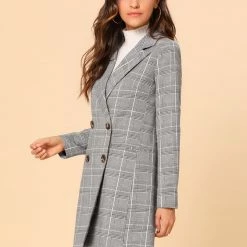 Allegra K Double Breasted Longline Plaid Blazer Jacket Women